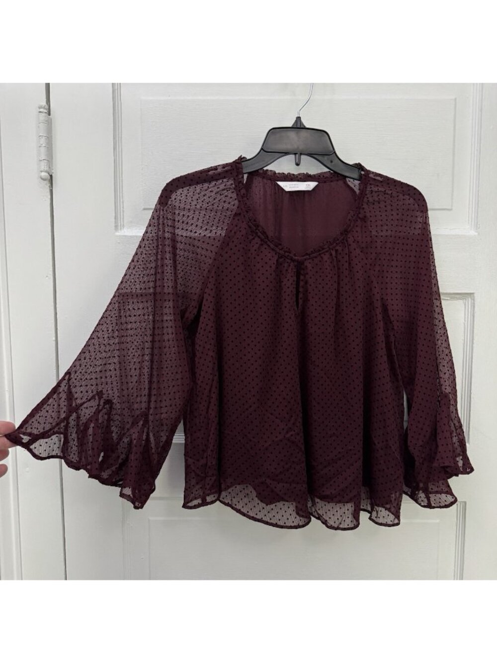 LC Lauren Conrad Blouse Women’s PXS Plum Flocked Dot Sheer Bell Sleeve Lined